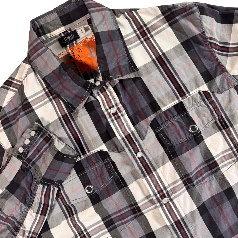 Armani‎ Jeans Pearl Snap Western Shirt Mens Medium Grey Black Plaid Long Sleeve